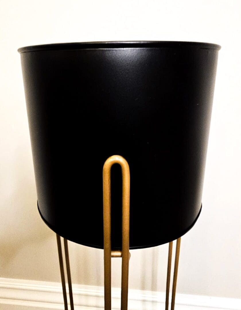 A black and gold plant stand with a large pot.